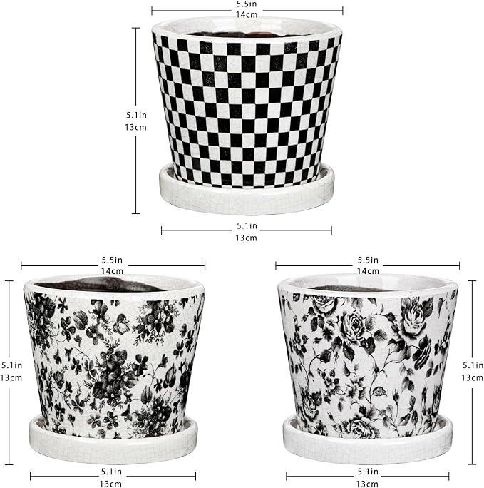 Set of 3 Black Plant Pots, Small Flower Pots Round Planter Pot with Drainage Hole and Saucers Modern Ceramic Planters for Indoor Plants Succulents Cactus Orchid Garden 5.5 Inch Outdoor Plant Pot