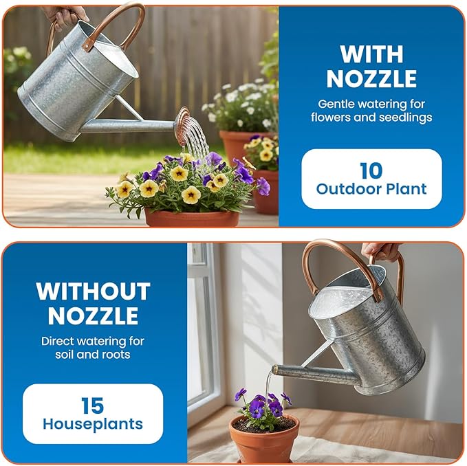 Plexon Large Metal Watering Can Outdoor 2 Gallon, Plant Flower Gardening Garden Watering Can Pot, Bronze Galvanized Steel Handles and Removable Spray Spout, Silver