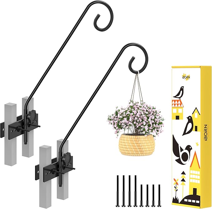 iBorn Fence Deck Hook Rail Hook Heavy Duty Bird Feeder Pole 13 Inch Solid Wire Deck Hanger Suitable for Hanging Flower Baskets Wind Chimes Planters Bird Feeders Lights, 180 Degree Swivel, 2 Pack