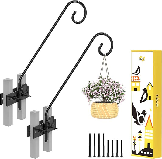 iBorn Fence Deck Hook Rail Hook Heavy Duty Bird Feeder Pole 13 Inch Solid Wire Deck Hanger Suitable for Hanging Flower Baskets Wind Chimes Planters Bird Feeders Lights, 180 Degree Swivel, 2 Pack