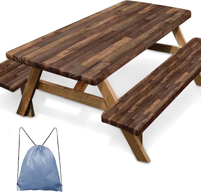 Picnic Table Cover with Bench Covers Elastic Edges, Brown Wood Fitted Table Cover, Outdoor Patio Camping Essentials 60 Inch 3PCS, Waterproof Camping Fitted Tablecloth with Drawstring Bag