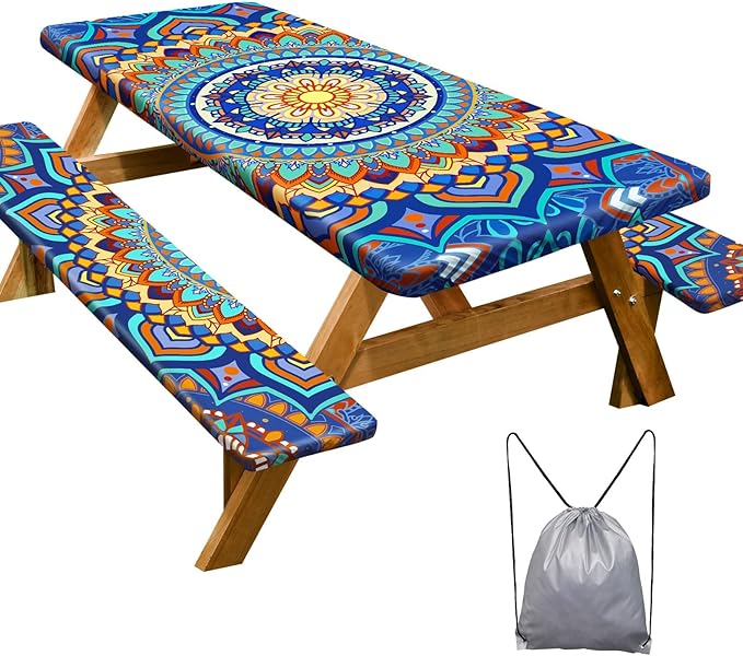 Picnic Table Cover with Bench Covers Camping Essentials Waterproof Windproof Camping Tablecloth with Drawstring Bag, Fitted Rectangle Tables and Seats, 96in, Yellow Blue Orange