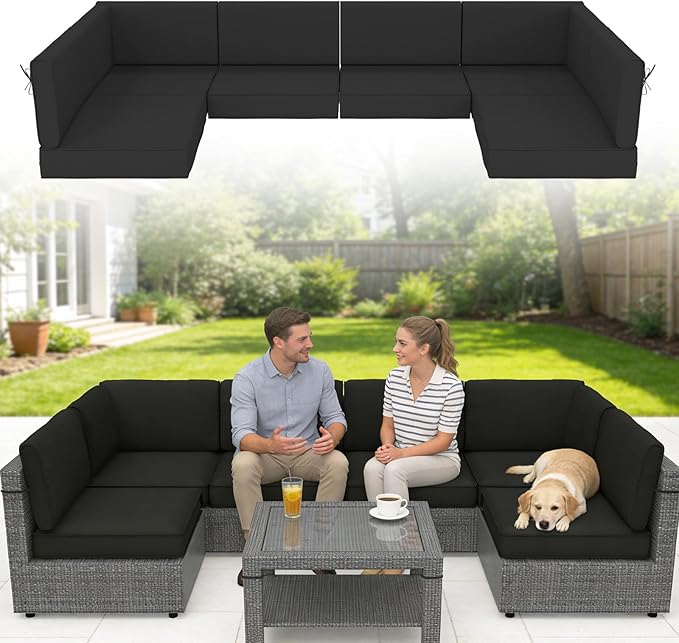 14 Pcs Outdoor Replacement Cushions for Patio Furniture, All Weather Water Resistant Cushion for 6 Seat Rattan Wicker Sectional Patio Conversation Sets and Couch (Black)