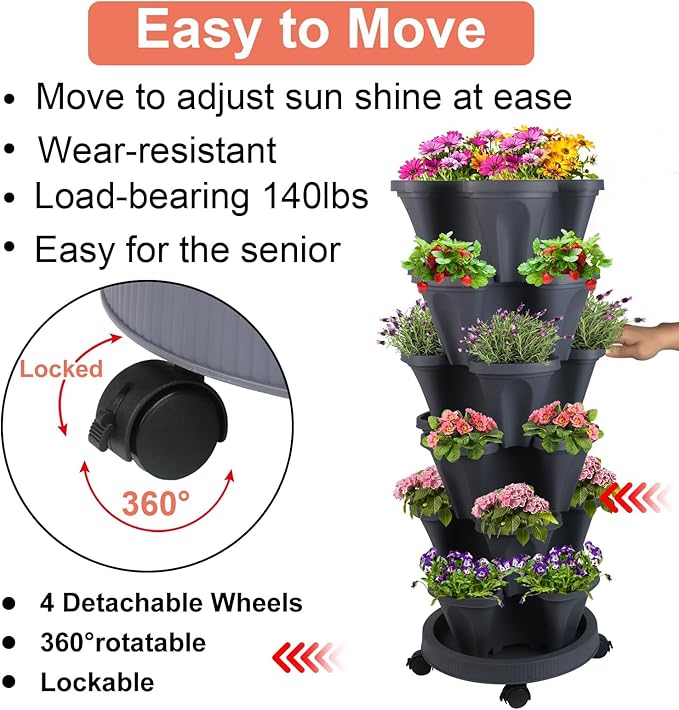 GameXcel Vertical Planter Tower- 6 Tier Stackable Garden Planter with Wheels and Tool Set – Grow Strawberries Herbs Flowers and Vegetables - Indoor Outdoor Use Dark Gray