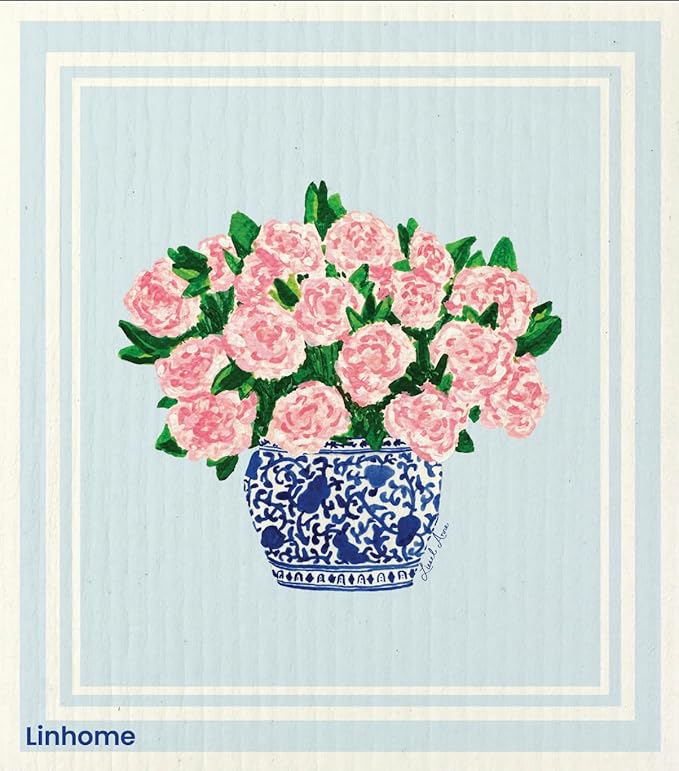Garden Collection Swedish Dishcloth, Reusable Paper Towel, Super Absorbent Cellulose Sponge, Kitchen Cleaning Cloth, Washable & Compostable (Pink Peonies - 1 Pack)