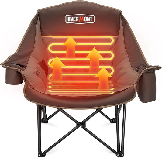 Overmont Heated Oversized Camping Chair for Adults - 3 Heat Levels Seat & Back Separately Control - 400lbs Support Heavy Duty Padded Folding Chair Outdoor Garden Portable - Battery NOT Included