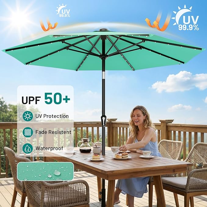 AreShark 9FT Patio Umbrella with Solar Lights, 32 LED Lighted Pool Umbrella w/Tilt and Crank, Outdoor Market Solar Umbrellas for Garden, Deck, Backyard, Pool and Beach, Cerulean