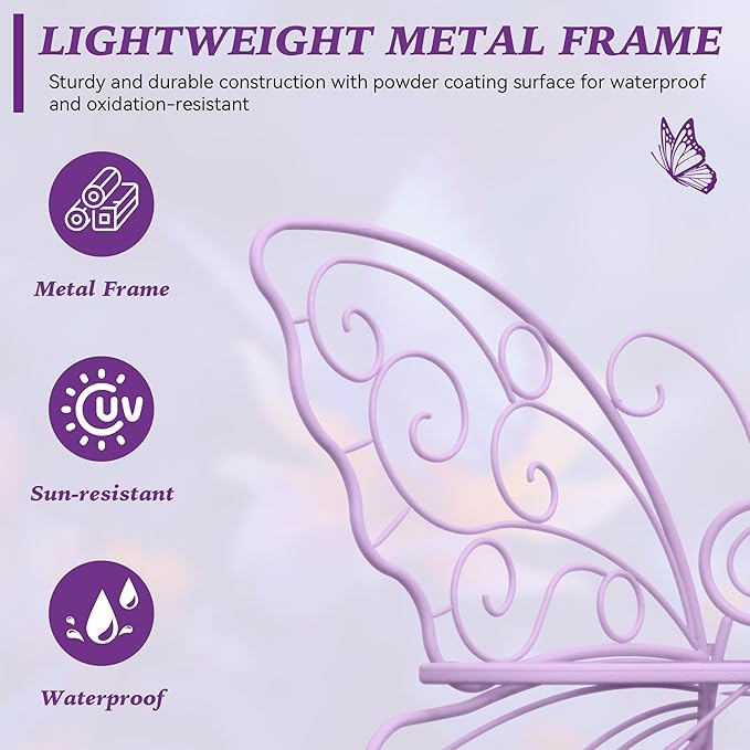 49 Inch Outdoor Bench, Purple Garden Bench with Metal Frame, Weatherproof Butterfly Front Porch Benches for Lawn, Garden, Yard, Balcony
