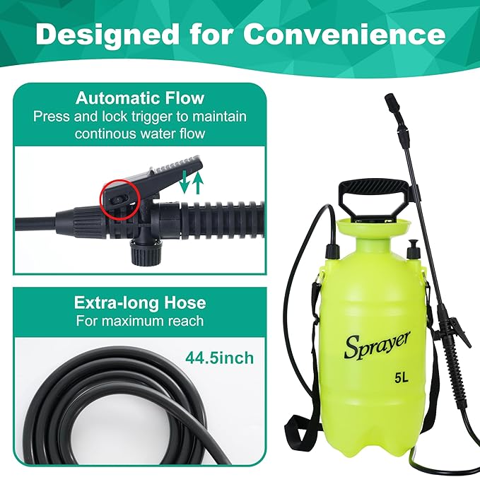 MaxWorks 51022 Pump-Action Garden Sprayer 5L/1.32 Gal with Adjustable Nozzle for Mist & Stream, Anti-Kink Hose, and Ergonomic Pump Handle for Plants, Pest Control, and Lawn Care