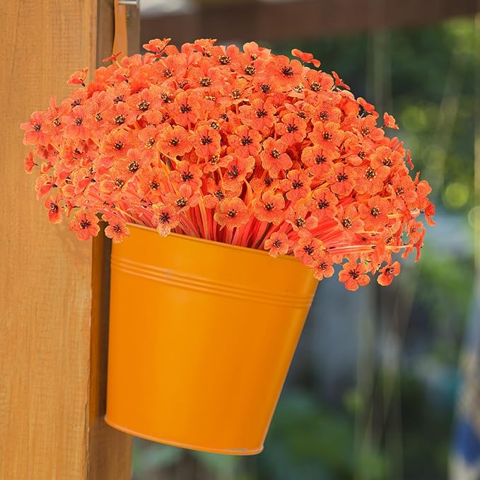 22Bunches of Outdoor Artificial Flowers, UV Resistant Fake Flowers Artificial Silk Flowers with Plastic Plants for Indoor Outdoor Front Porch Hanging Planter Decoration (22, Autumn Orange)