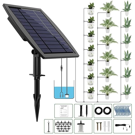 Solar Automatic Drip Irrigation Kit System, Solar Powered Auto Easy DIY Watering Device Supported Pots Plants, 12 Timing Modes with Anti-Siphoning Device (Supported 20-30 Pots, 12Timing Modes)