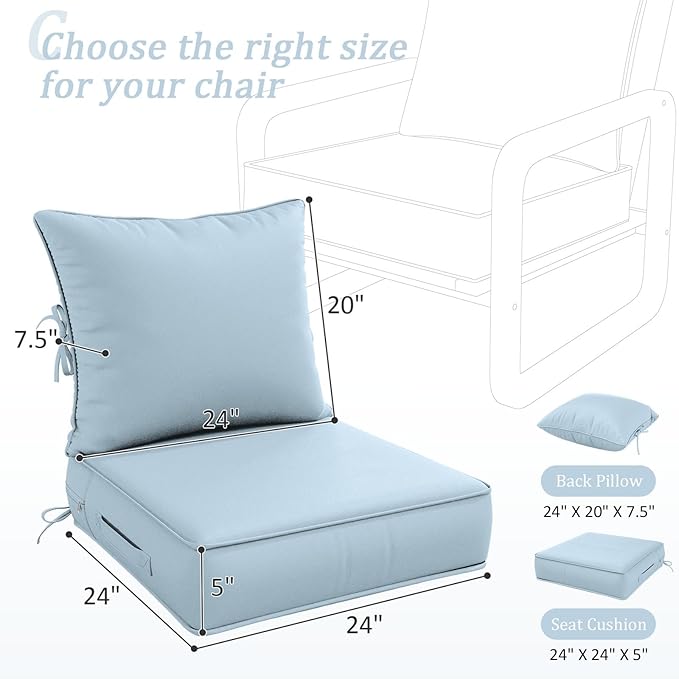 Outdoor Patio Chair Cushions Set 24 L X 24 W X 5 H Waterproof & Fade Resistant Deep Seat and Back Cushions with Removable Covers Outdoor Seat Cushion Set for Chairs and Sofas