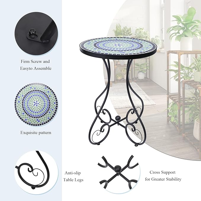 VCUTEKA Mosaic Outdoor Side Table, Round Rustproof Patio Table with 14" Ceramic Tile Top, Indoor Porch Accent Table for Yard, Garden, Living Room, Bistro Balcony, Blue