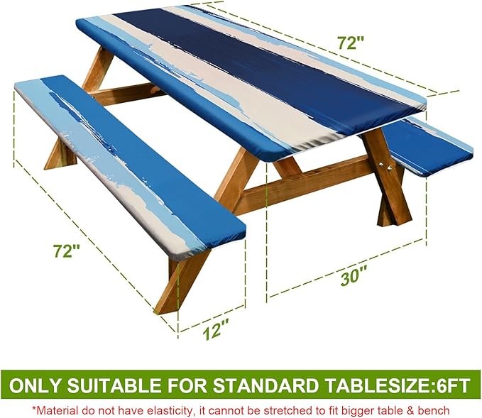 Abstract Picnic Table Cover with Bench Covers Set of 3 - Blue White Gradient Textured Pattern, Elastic Fitted Tablecloth for 6 Ft Tables, Washable Polyester Cover for Patio, Indoor & Outdoor