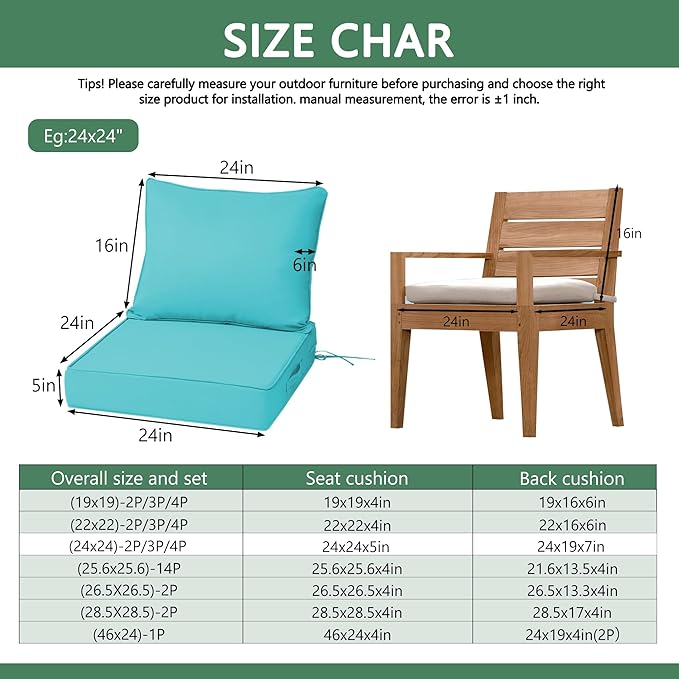 Outdoor Chair Cushions 4 Set,24 x 24 x 5IN, Patio Deep Seat Cushion for Patio Furniture, Waterproof & Fade Resistant Thick Deep Seating Pads for Outside Wicker Ratten Chair Sofa Couch,Lake Blue