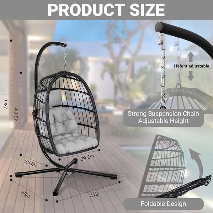 CHABATREE Egg Chair with Stand,Patio Rattan Wicker Hanging Swing Egg Chair Hammock Chair for Bedroom Porch Garden,Thickened Aluminum Alloy Steel Frame and UV Resistant Cushion,350LBS Capacity