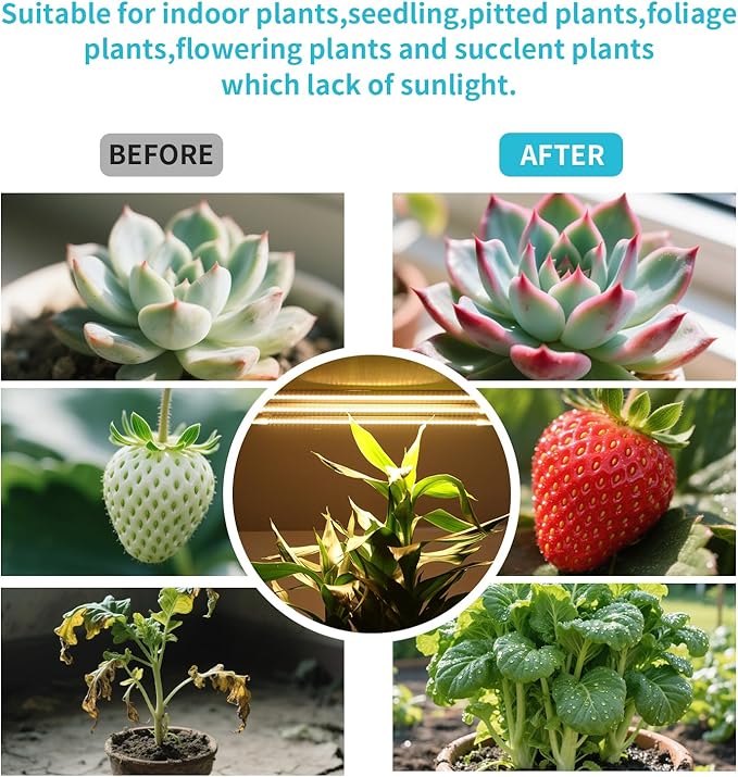 LED Grow Light Strips, Grow Lamps for Indoor Plants Full Spectrum 3000K, 72 LEDs Plant Light with 3/9/12H Timer, 10 Dimmable Levels for Seedling Succulent, 3 Head 7.8 Inches