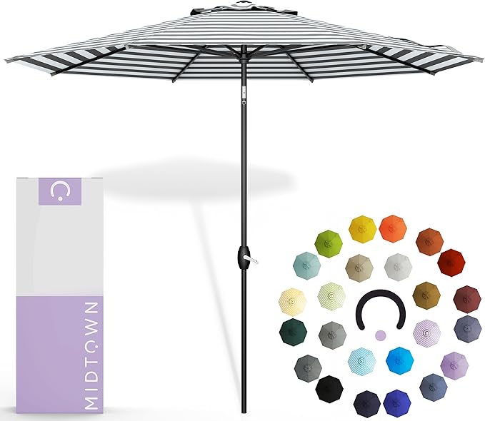 Midtown Umbrellas - 10-Year-No-Fade 6 Ft Patio Umbrella with Terylast Fabric, Auto-Tilt Aluminum Frame and 8 Reinforced Ribs for Deck, Pool, Garden & Beach - Grey/White Stripes Canopy, Black Pole