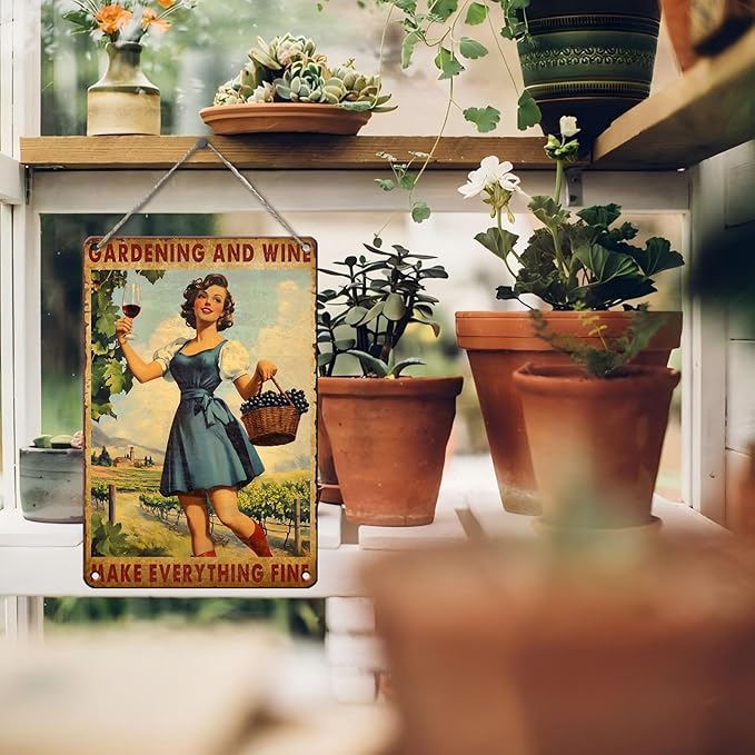PEACHGARDEN Garden Vintage Tin Sign Gardening and Wine Make Everything Fine Metal Tin Sign for Bar Pub Cafe Wall Kitchen Bathroom Outdoor Indoor Wall Decor 8x12inch