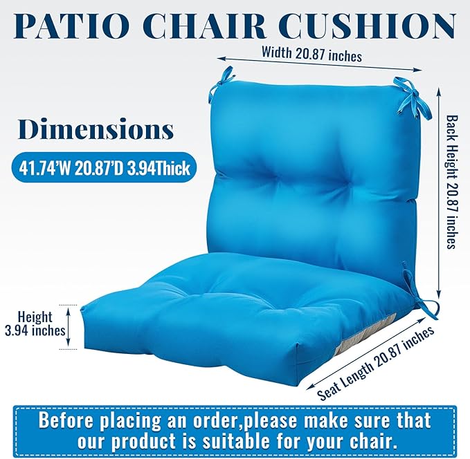 Geetery Set of 4 High Back Wicker Patio Chair Cushions for Outdoor Furniture 41.74x20.87x3.94 Inch Waterproof Thick Replacement Seat Pads with Non Slip Ties for Porch, Deck, Lawn & Garden(Blue)