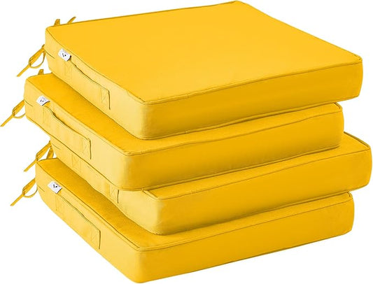 Outdoor Chair Cushions Set of 4,Waterproof Outdoor Seat Cushions for Patio Furniture,Patio Chair Cushion with Handle and Ties, Square Out Door Chair Pads,18.5" x 16" x 3", Yellow