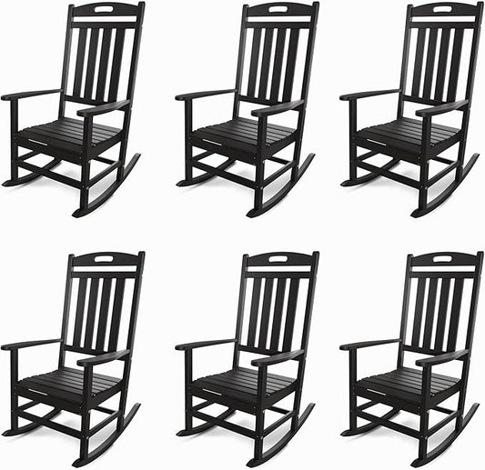 Outdoor Rocking Chair Set of 6, All-Weather Resistant Poly Lumber Rocker Chair Outdoor, High Back Plastic Patio Rocking Chairs for Outside Porch Rocker Garden Lawn, Black