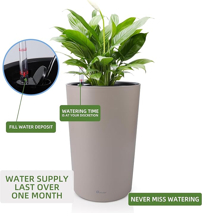 Dexceder 16x12 Tall Self Watering Planter High Cylinder Indoor Outdoor, Thickened Large Floor Standing Flower Plant Pot with Water Level Indicator (Taupe Matte)