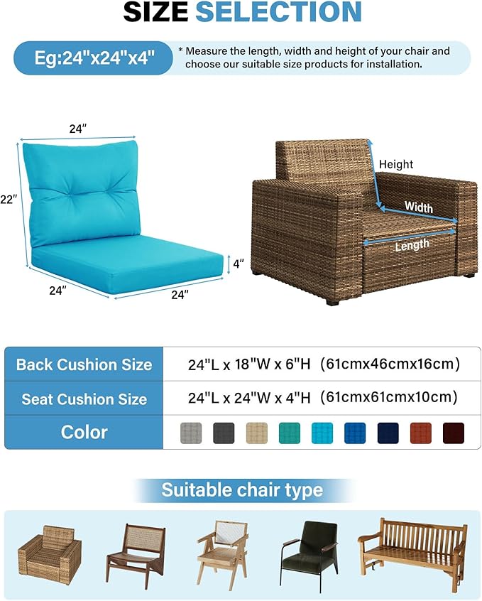 YEFU Outdoor Cushions for Patio Furniture: Waterproof Fade-Resistant Outdoor Chair Cushions Set of 4 - Deep Seat Patio Cushions Replacement with Ties for Chair Sofa Couch - 24 x 24 Inch(Blue)
