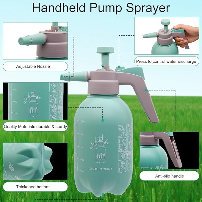 68oz Garden Pump Sprayer, 2L Hand Pressure Sprayer Bottle with Safety Valve, 0.5 Gal Lawn Adjustable Sprayer for Plant Mister Spraying Weeds Home Cleaning Watering (Light Blue)