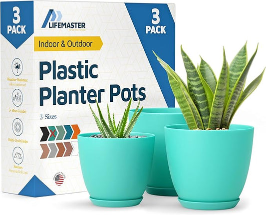 Aqua Plant Pots with Drainage Holes & Saucers 3 Pack, Indoor & Outdoor Stackable Space-Saving Planters for Houseplants & Flowers, (7", 6.7", and 6" Inches), Durable & Weatherproof Materials