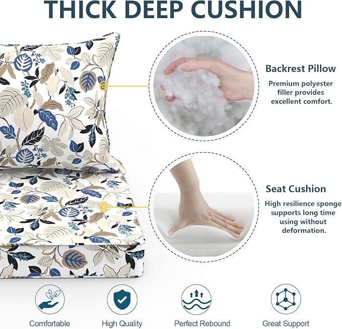 Outdoor Deep Seat Cushion Set, Water Repellent 24"x24" Patio Thick Cushions Replacement with Seat & Back Pillow for Patio Sofa, Wicker Chair, Couch - Breeze Leaves Beige