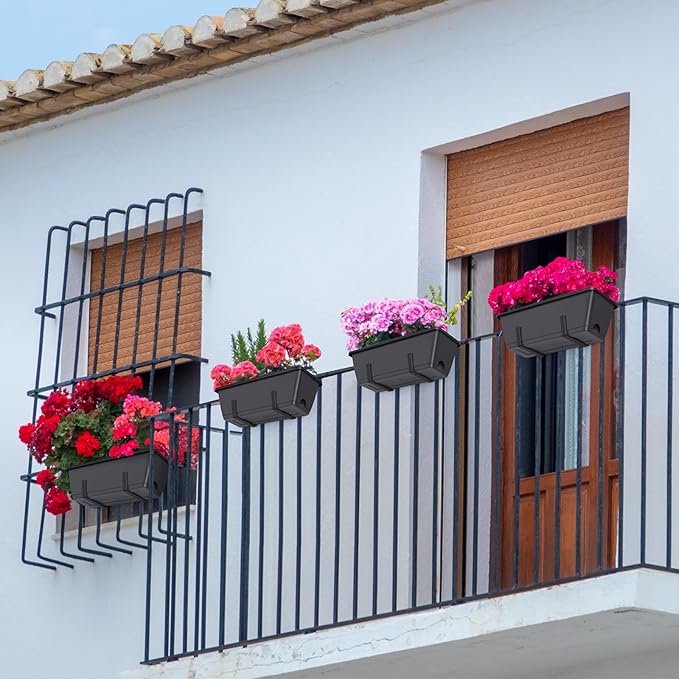 smusei 4 Pack 17 Inch Window Boxes Planters Deck Railing Planter Boxes Adjustable Balcony Planters Railing Hanging, Rectangular Fence Rail Hanging Planter for Outdoor Plants Flower Pots Herb