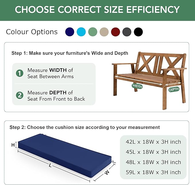 Outdoor Bench Cushion: Waterproof and Fade Resistant Patio Furniture Cushions - Non-Slip Bench Pad Cushion with Removable Cover for Garden Swing Porch Sofa Settee, 59 x 18 Inch, Navy Blue