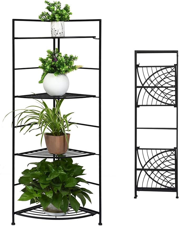 Giantex Folding Metal Plant Rack, 4 Tiers Corner Shelf Plant Stand, Flower Pots Holder Display Rack Storage Shelves for Balcony Patio Living Room
