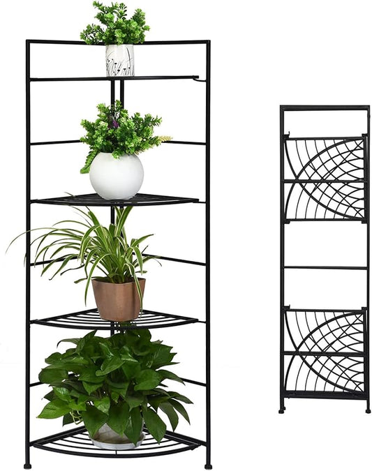 Giantex Folding Metal Plant Rack, 4 Tiers Corner Shelf Plant Stand, Flower Pots Holder Display Rack Storage Shelves for Balcony Patio Living Room