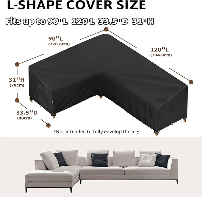 iBirdie Outdoor Sectional Cover fit 90 x 120 inch, 89 x 118, L-Shaped Patio Furniture Sofa, Waterproof Weatherproof Heavy Duty 600D Garden Cover for Outside L shape Couch, Black