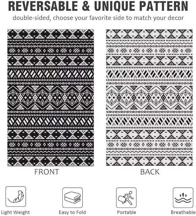 Pendolr 5’x8’ Outdoor Rug Waterproof Carpet Patio Rugs Outdoor Plastic Straw Rug Camping Rug Reversible Outside Outdoor Area Rug for Balcony Deck Backyard RV Picnic Beach Black&White 02#
