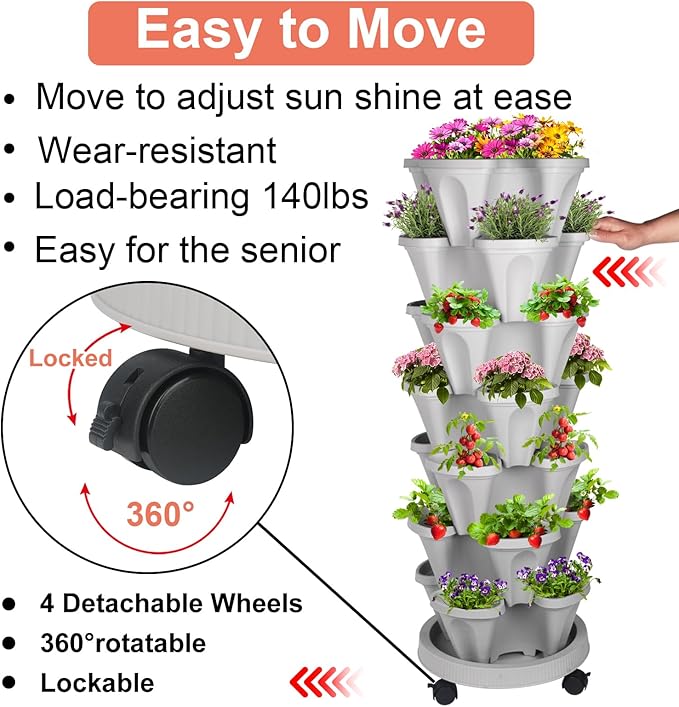 GameXcel Vertical Planter 7 Tier Stackable Planters Garden Planters Strawberry Herb Flower and Vegetable Planter Indoor Outdoor Gardening Pots with Removable Wheels and Tools 2-Pack