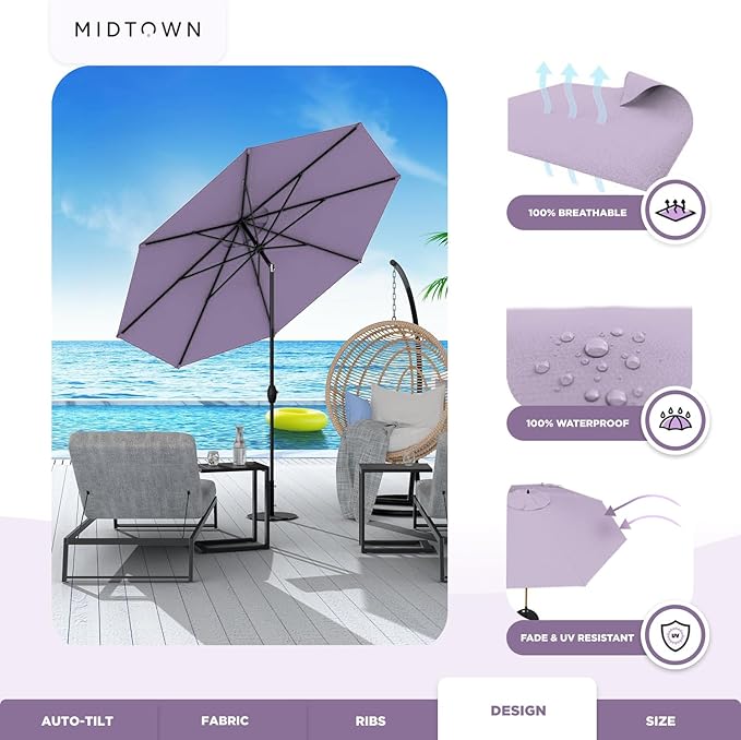 Midtown Umbrellas - 10-Year-No-Fade 6 Ft Patio Umbrella with Terylast Fabric, Auto-Tilt Aluminum Frame and 8 Reinforced Ribs for Deck, Pool, Garden & Beach - Purple Canopy, Black Pole