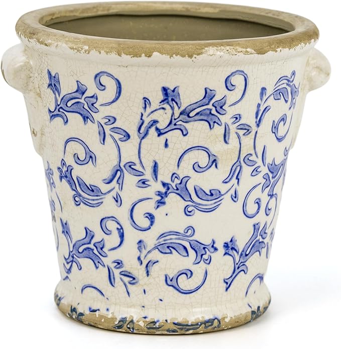 Vintage Ceramic Flower Pot with Drainage Holes and Handle,Ice Crack Country Rustic Planters for Indoor Outdoor,Tuscan Decor,Home and Garden Decor,Gardening Present