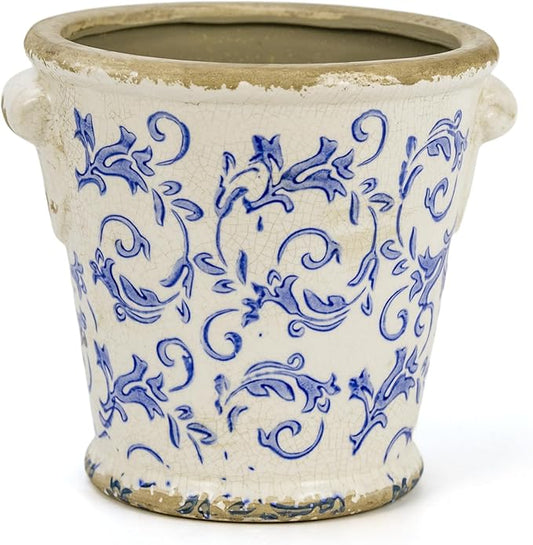 Vintage Ceramic Flower Pot with Drainage Holes and Handle,Ice Crack Country Rustic Planters for Indoor Outdoor,Tuscan Decor,Home and Garden Decor,Gardening Present
