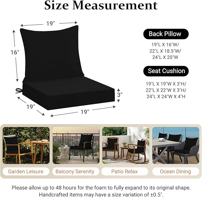 downluxe 19x19 Outdoor Chair Cushions, Waterproof Fade Resistant Patio Furniture Cushions with Handle & Removable Cover, Deep Seat Outdoor Cushions for Sofa, Couch and Patio Chairs, Black