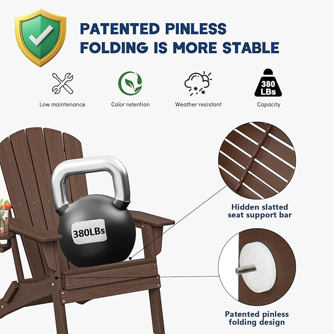 Plawdlik Folding Adirondack Chair Set of 6 with Cup Holder，Wooden Textured ，Heavy All-Weather HDPE Comfortable Set Poolside Backyard Lawn, Coffee