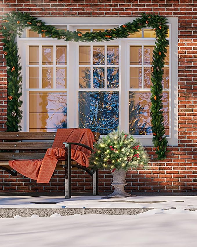 Outdoor Christmas Tree Frosted Urn Filler, Pre-lit Artificial Xmas Tree with LED Lights, 18 Inch Small Christmas Tree with Cones & Red Berries