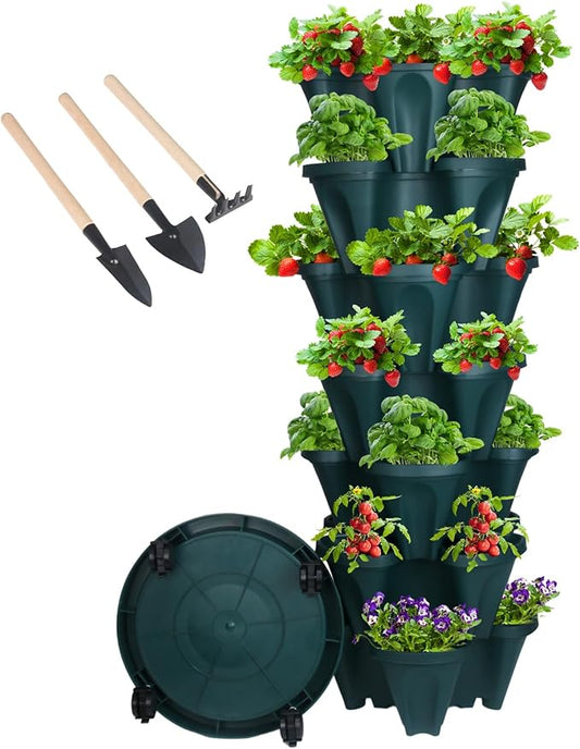 GameXcel Vertical Planter 7 Tier Stackable Planters Garden Planters Strawberry Herb Flower and Vegetable Planter Indoor Outdoor Gardening Pots with Removable Wheels and Tools