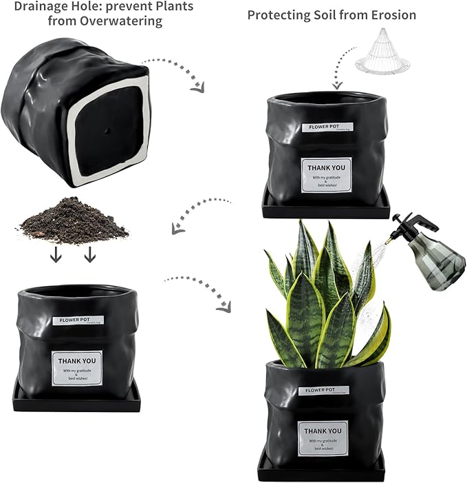Nihow Ceramic Plant Pot: 6 Inch Planter with Drainage Hole & Square Saucer for Herbs/Plants, Bag Shape Design Flower Pot for Indoor & Outdoor Garden Decor - Black