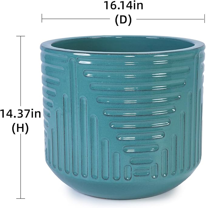16 Inch Large Ceramic Planters for Indoor Plants, Outdoor Garden Plant Pots with Drainage Hole, 16" Round Decorative Pot for Patio, Floor, Home Decor - Cyan (Cyan)