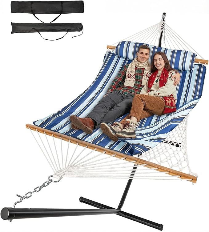 2 Person Outdoor Hammock with Stand, Cotton Rope Hammock with Polyester Pad, Adjustable Steel Frame, Portable with Carrying Bag – for Patio, Backyard, Garden, Beach, Blue