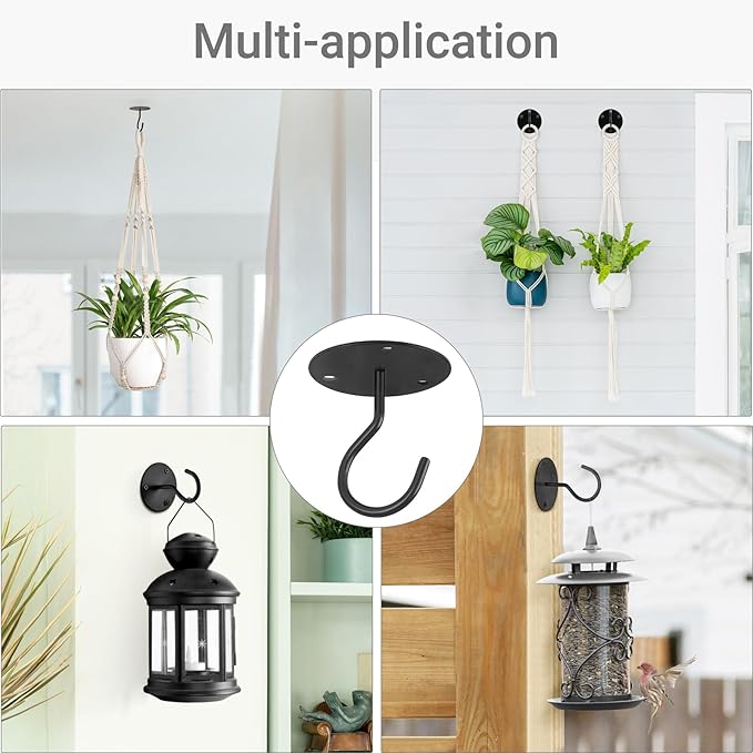 Mkono Ceiling Hooks for Hanging Plants, Metal Plant Hanger Bracket Wall Mount for Hanging Bird Feeders, Lanterns, Wind Chimes, Planters, Indoor&Outdoor Decoration (2-Pack) (Black)