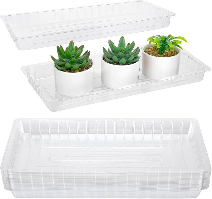 20 Pcs Clear Plastic Plant Saucer Rectangular Plant Drip Trays Transparent Thick Heavy Duty Plastic Liners for Planters for Indoors Outdoors Flower Pots Window Sills Window Shelf, 14" x 6"